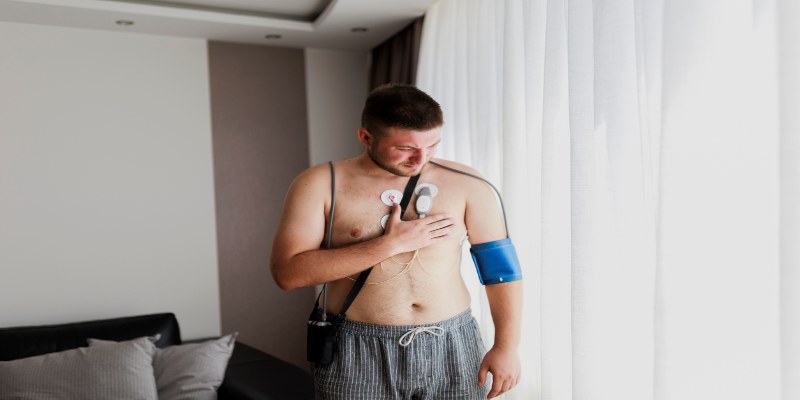 Hombre en su casa utilizando un holter de presión para monitorear su presión arterial.